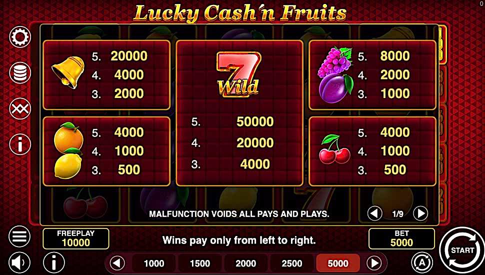 Lucky Cash'n Fruits slot paytable