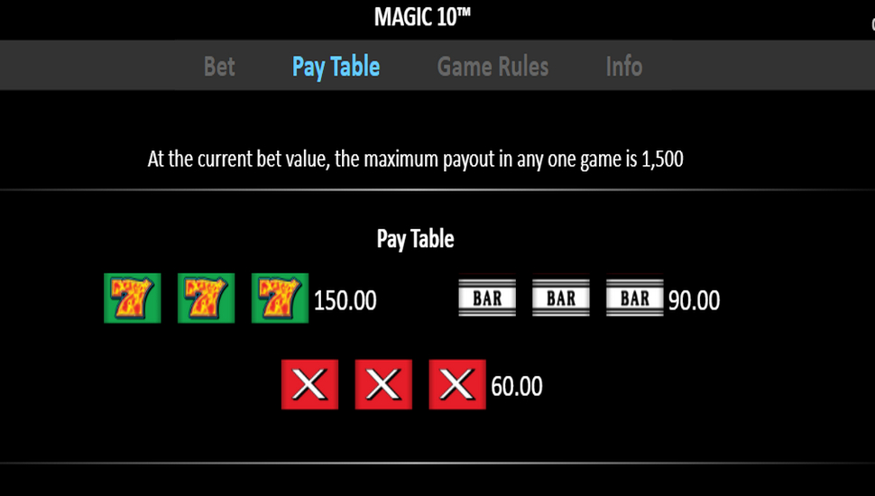 Magic 10 slot paytable