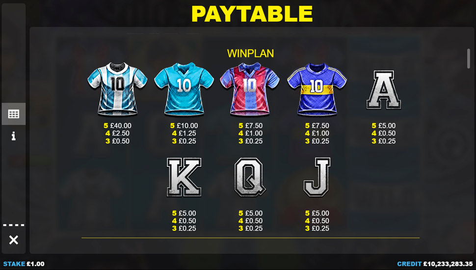 Maradona slot paytable