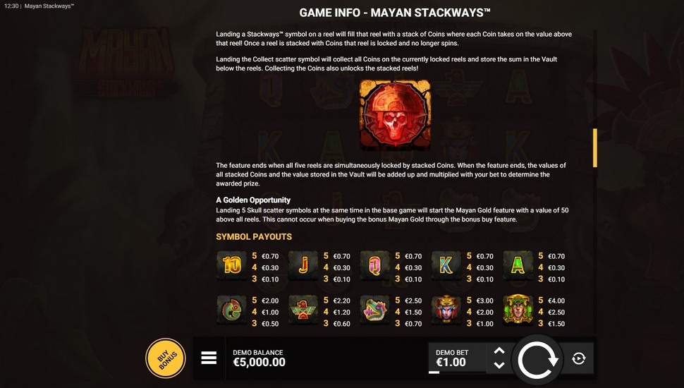 Mayan Stackways slot Paytable