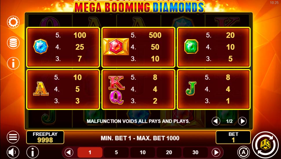 Mega Booming Diamonds slot paytable