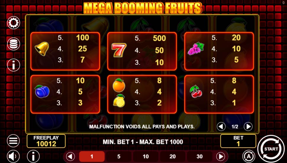 Mega Booming Fruits slot paytable