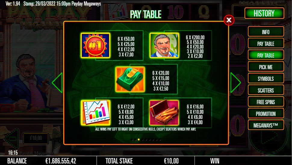 Payday megaways slot - paytable