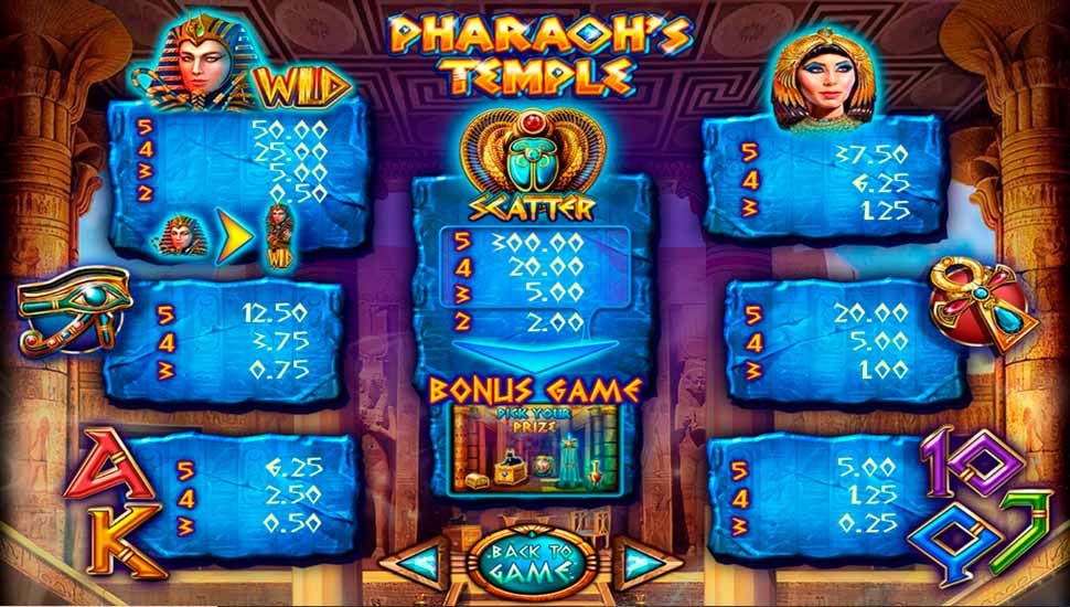 Pharaoh's Temple slot paytable