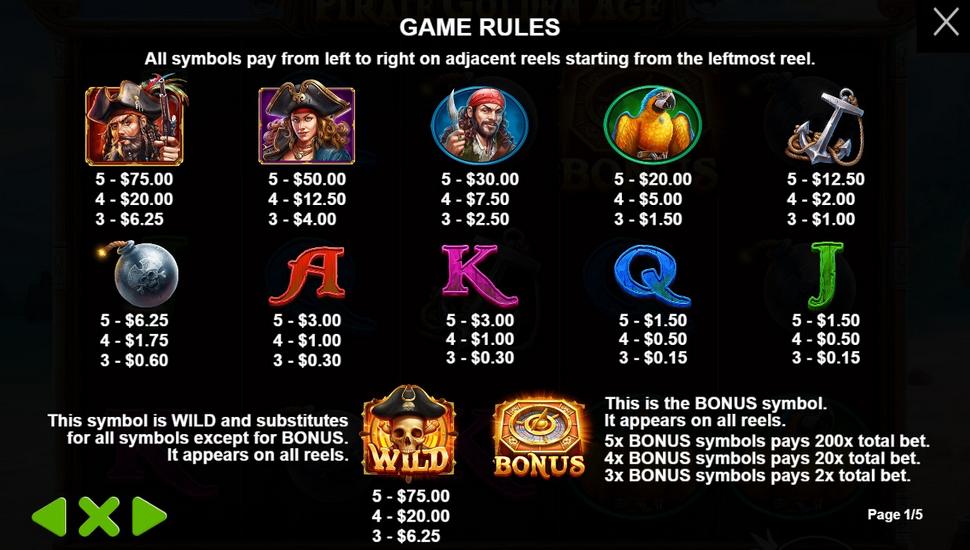 Pirate Golden Age Slot - Paytable