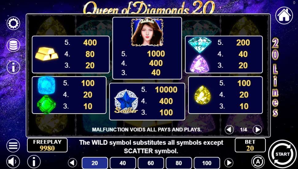Queen of Diamonds 20 slot paytable
