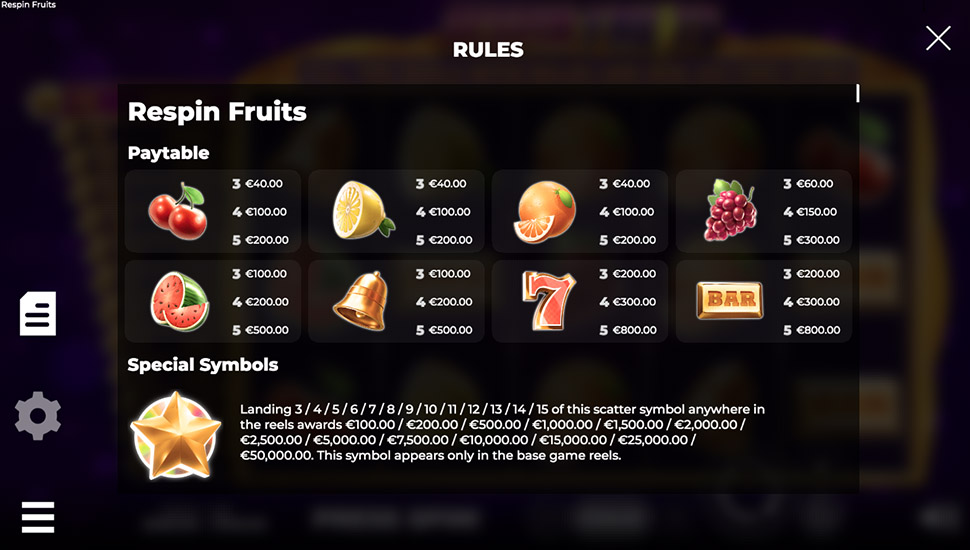 Respin Fruits slot paytable