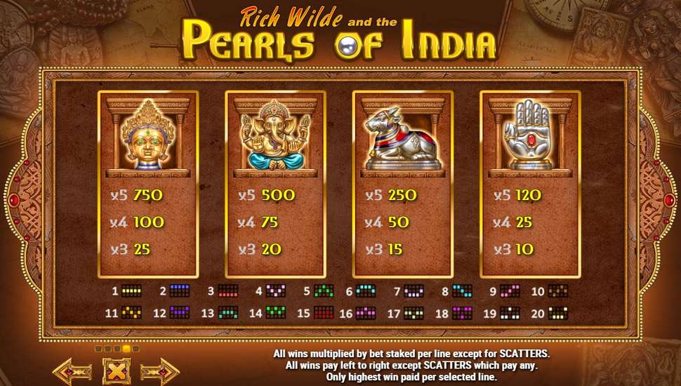 Rich Wilde and the Pearls of India Slot - Paytable