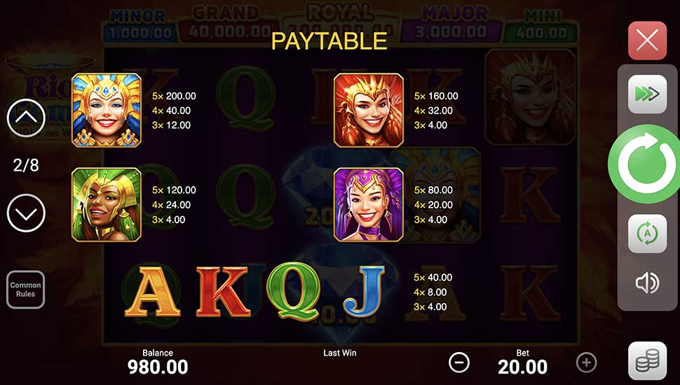 Rio Gems slot paytable