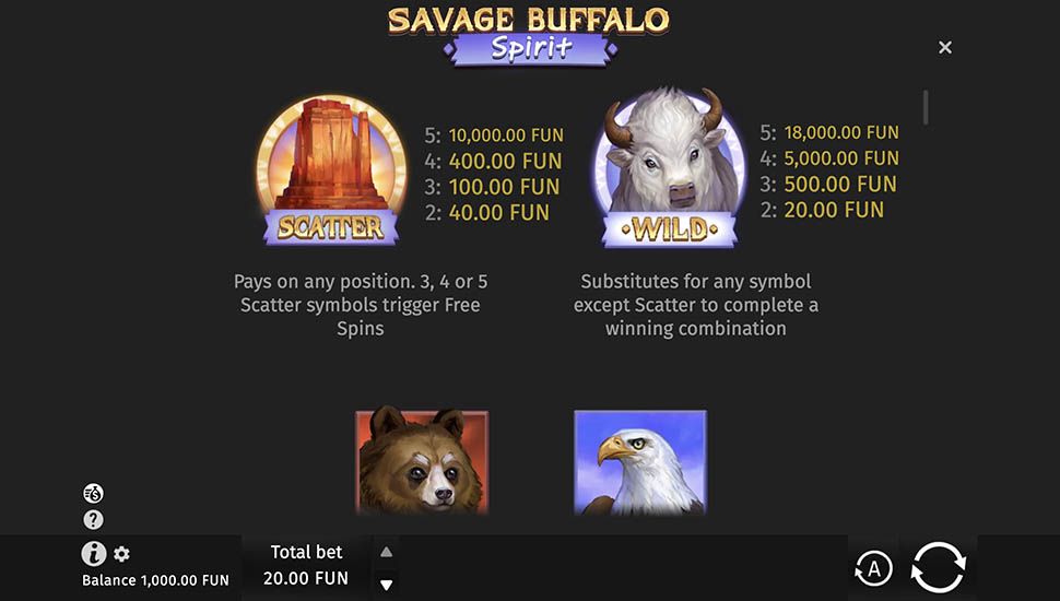 Savage Buffalo Spirit slot paytable