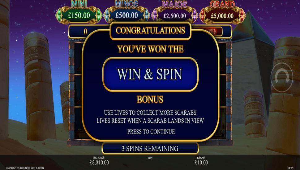 Scarab Fortunes Win & Spin Slot - Win & Spin Bonus