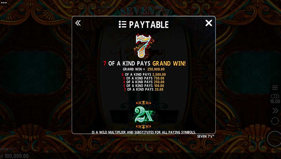 Seven 7's slot paytable