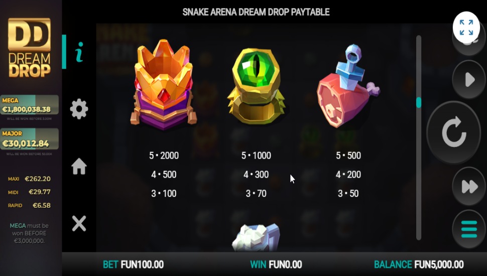 Snake Arena Dream Drop slot - paytable