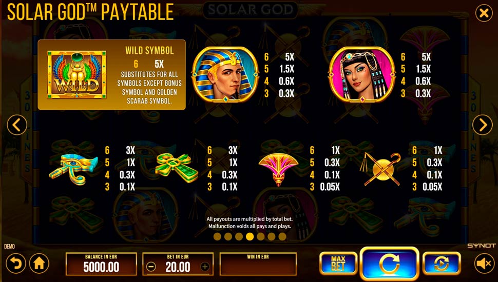 Solar god slot - paytable