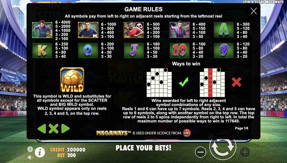 Spin and Score Megaways slot paytable