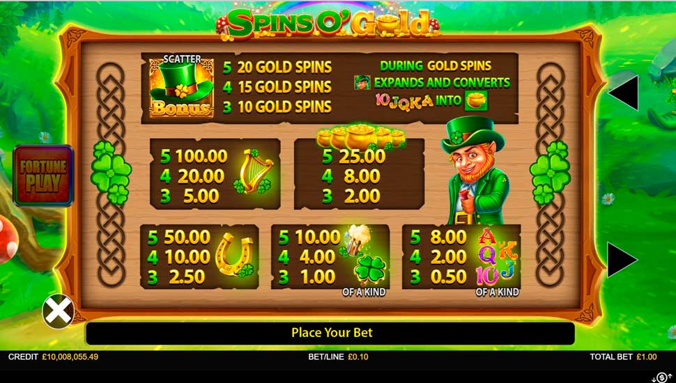 Spins O'Gold slot - paytable