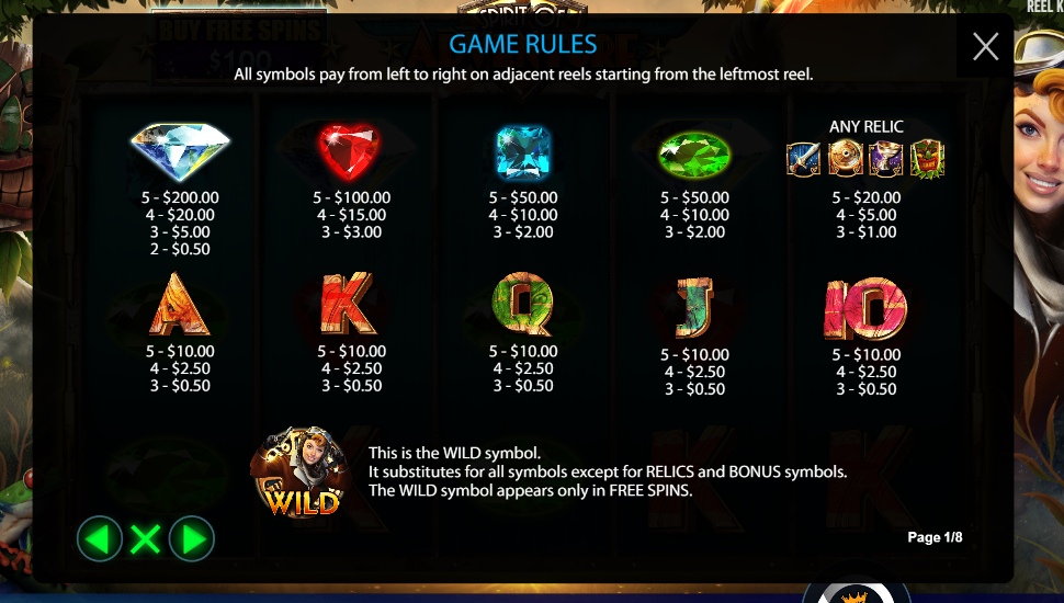 Spirit of Adventure slot - paytable