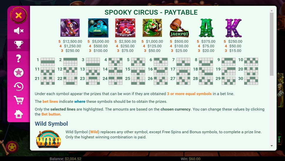 Spooky Circus slot paytable
