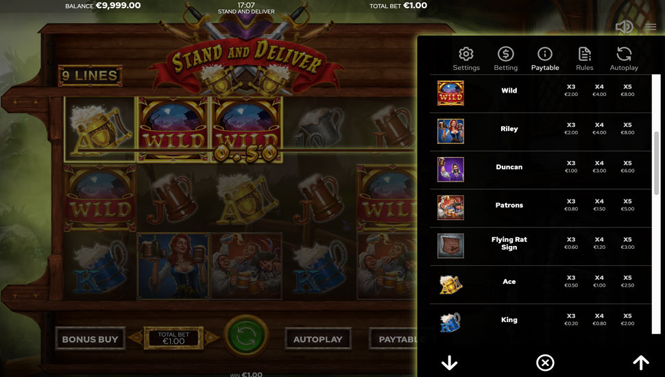 Stand and Deliver slot paytable