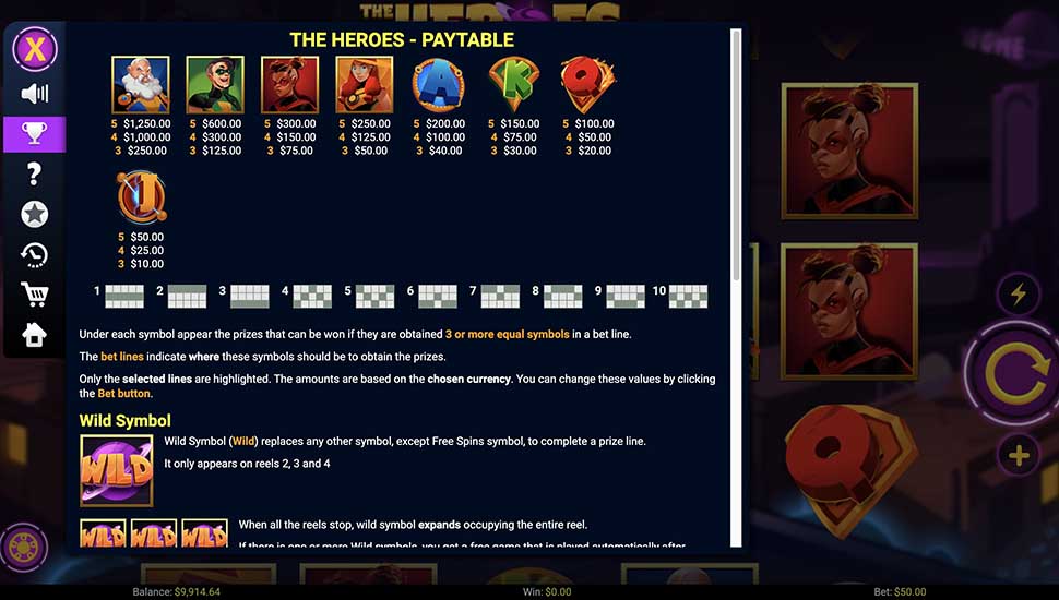 The Heroes slot paytable