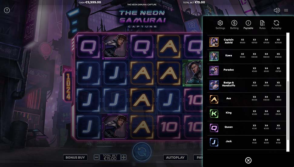 The Neon Samurai Capture slot paytable