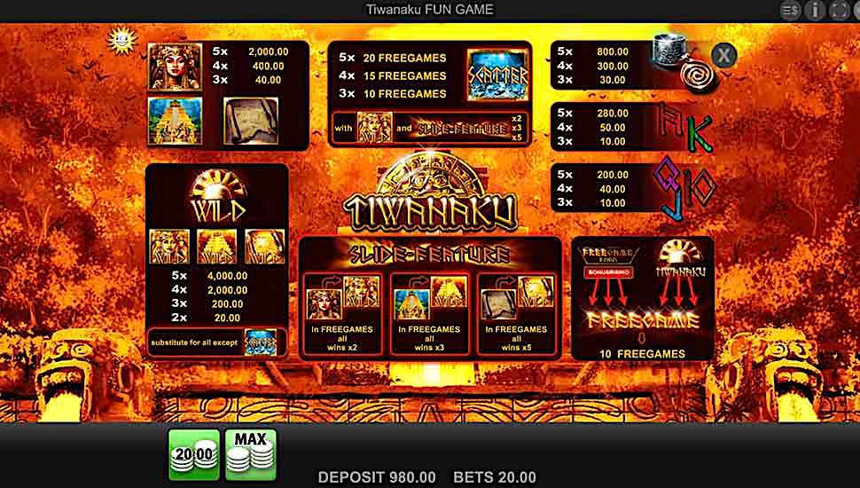 Tiwanaku slot paytable