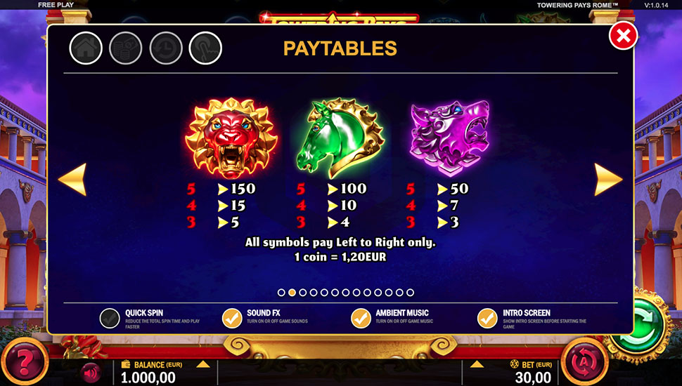 Towering Pays Rome slot paytable