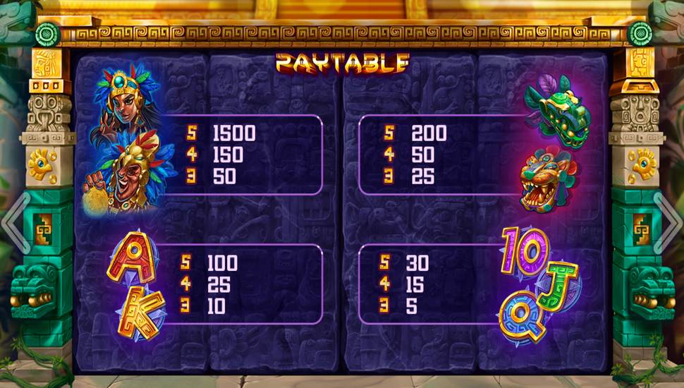 Under the Fifth Sun Slot - Paytable
