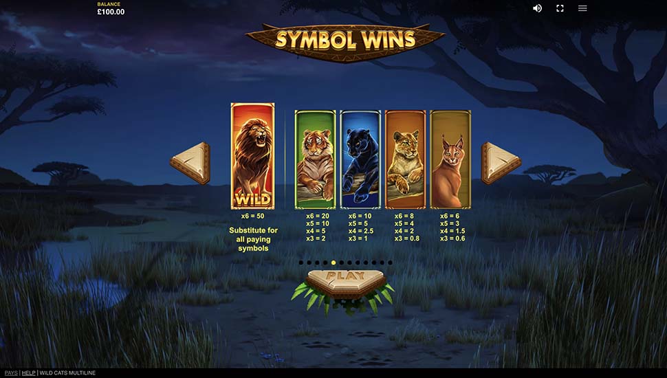 Wild Cats Multiline slot paytable