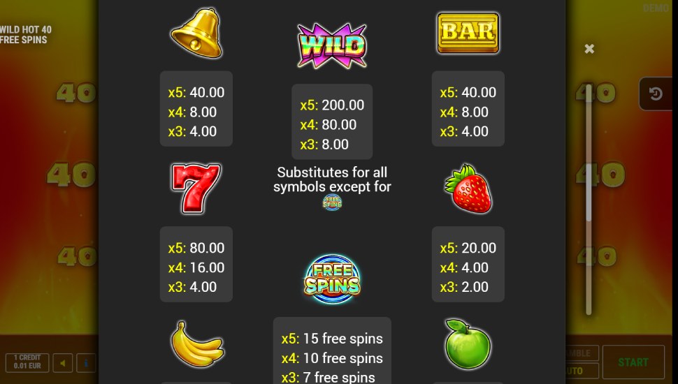 Wild Hot 40 Free Spins slot - payouts